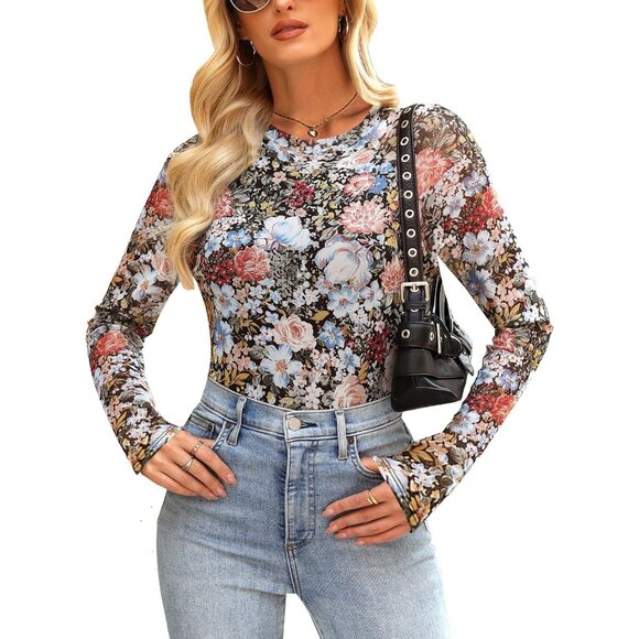 🆕 Women White Floral Mesh Top Crew Neck Long Sleeve Fitted Sexy Out Tee Shirts - Picture 2 of 7